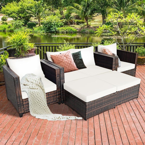 5-Piece Plastic Wicker Outdoor Sectional Set with White Cushions
