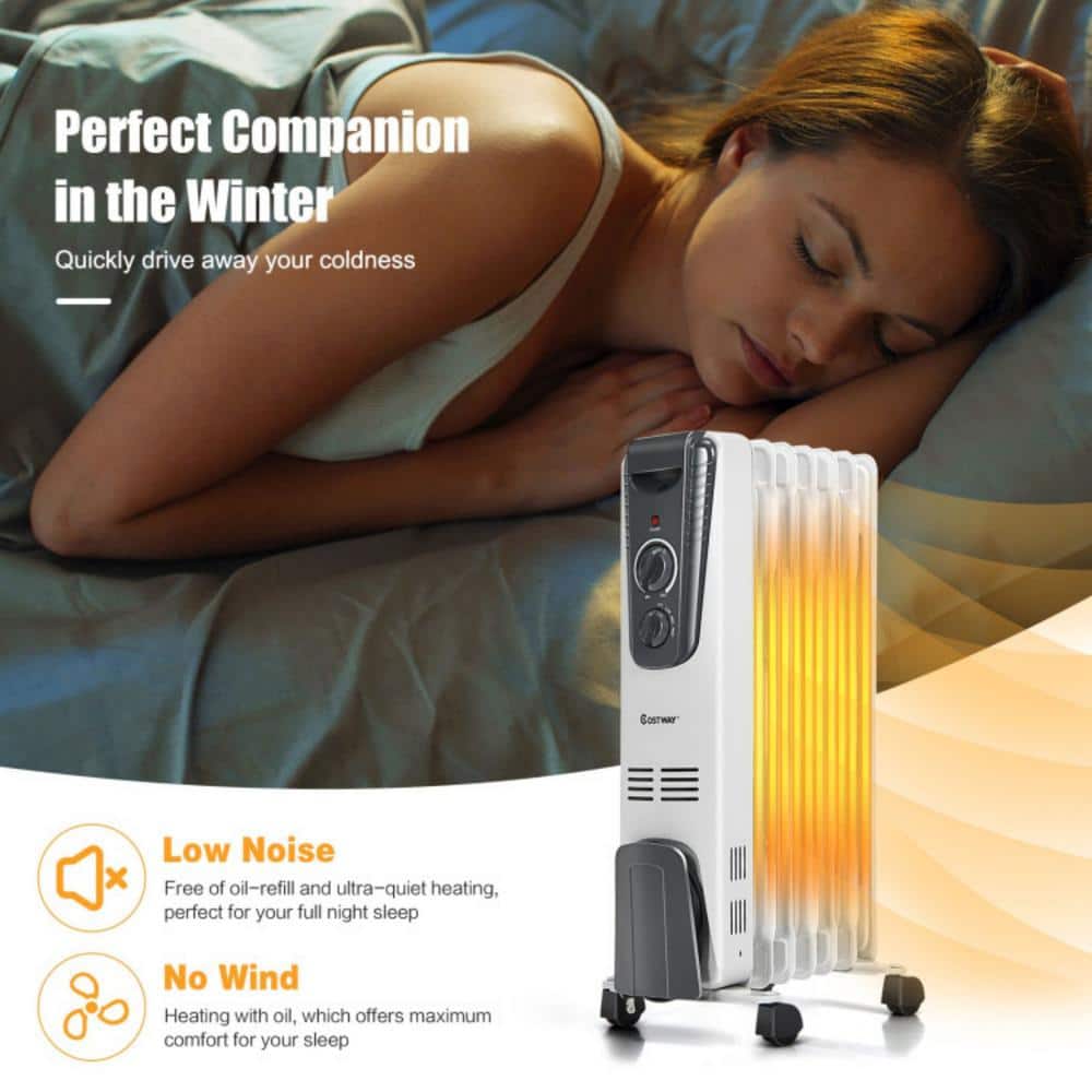 White 1500W Oil-Filled Radiator Heater with Thermostat and Auto Shut-off