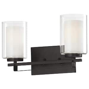 Parsons Studio 15 in. 2-Light Sand Black Vanity Light with Clear and Etched White Glass Shades