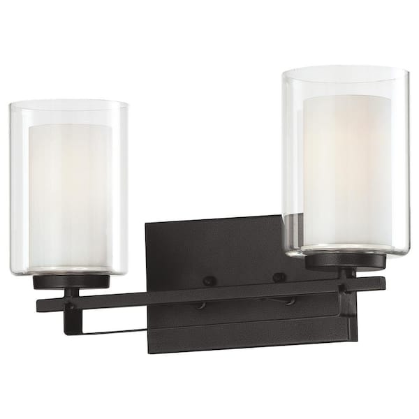 Minka Lavery Parsons Studio 15 in. 2-Light Sand Black Vanity Light with Clear and Etched White Glass Shades