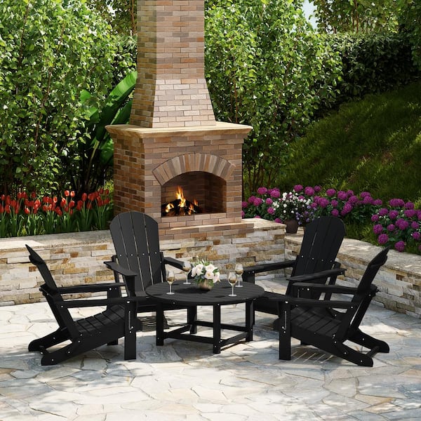 Laguna Black Fade Resistant 5-Piece Plastic Adirondack Chair Outdoor Patio Conversation Set with Round Coffee Table