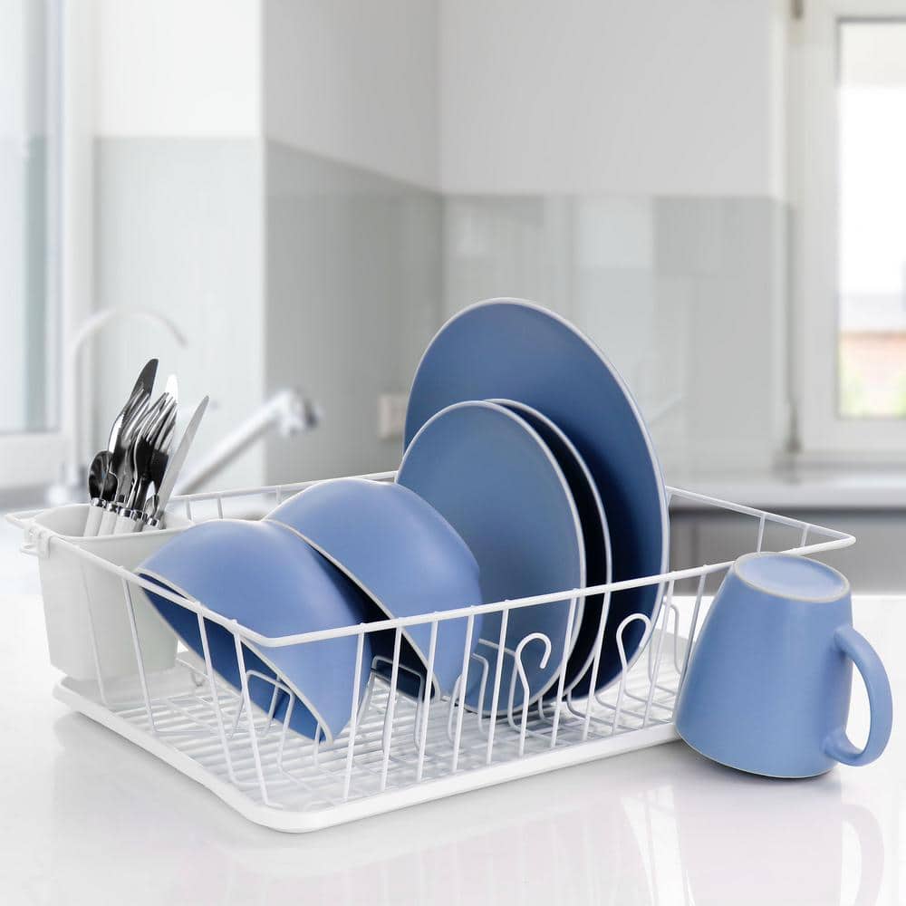 White Metal Single Level Dish Rack with Utensil Cup