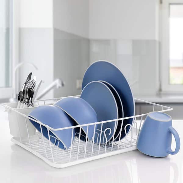 2 Tier Plastic Kitchen Dish Drying Rack with Lid Cover - Blue+White