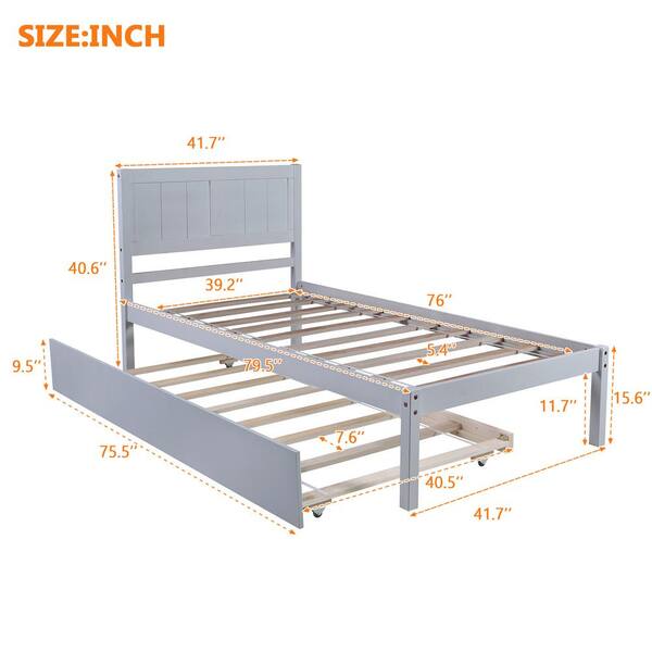 Twin size Platform Bed Wood Bed Frame w/Trundle Wood Slats Home Furniture Gray 