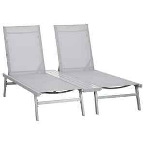 Light Gray 2-Set Aluminum Outdoor Chaise Lounge, Reclining Back Sun Tanning Pool Chairs with Shelf & Breathable Mesh