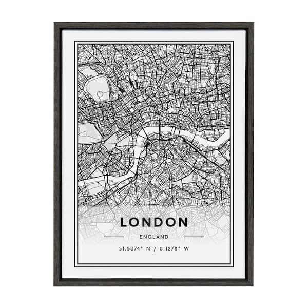 Kate and Laurel Sylvie London Modern Map by Jake Goossen Framed Canvas Maps Art Print 18 in. x 24 in.