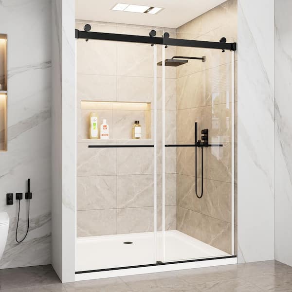 56 in. - 60 in. W x 74 in. H Sliding Frameless Shower Door in Matte Black with Clear Glass