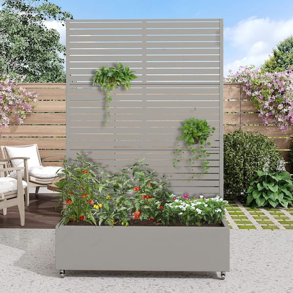 72 in. H x 47 in. W Rectanglar Grey Outdoor Metal Privacy Screen Planter Box Wall Decor in Louvered Pattern