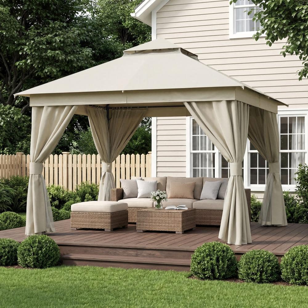 10 ft. x 10 ft. Steel Frame Soft Top Patio Gazebo with Double Roof, Mesh Screens and Privacy Curtains in White price history on PriceWatchPro
