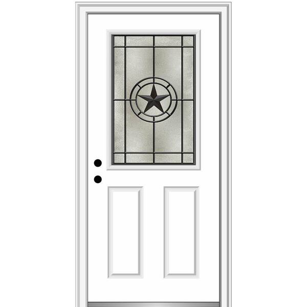 MMI Door Elegant Star 32 in. x 80 in. 2-Panel Right-Hand/Inswing 1/2 Lite Decorative Glass Primed Fiberglass Prehung Front Door