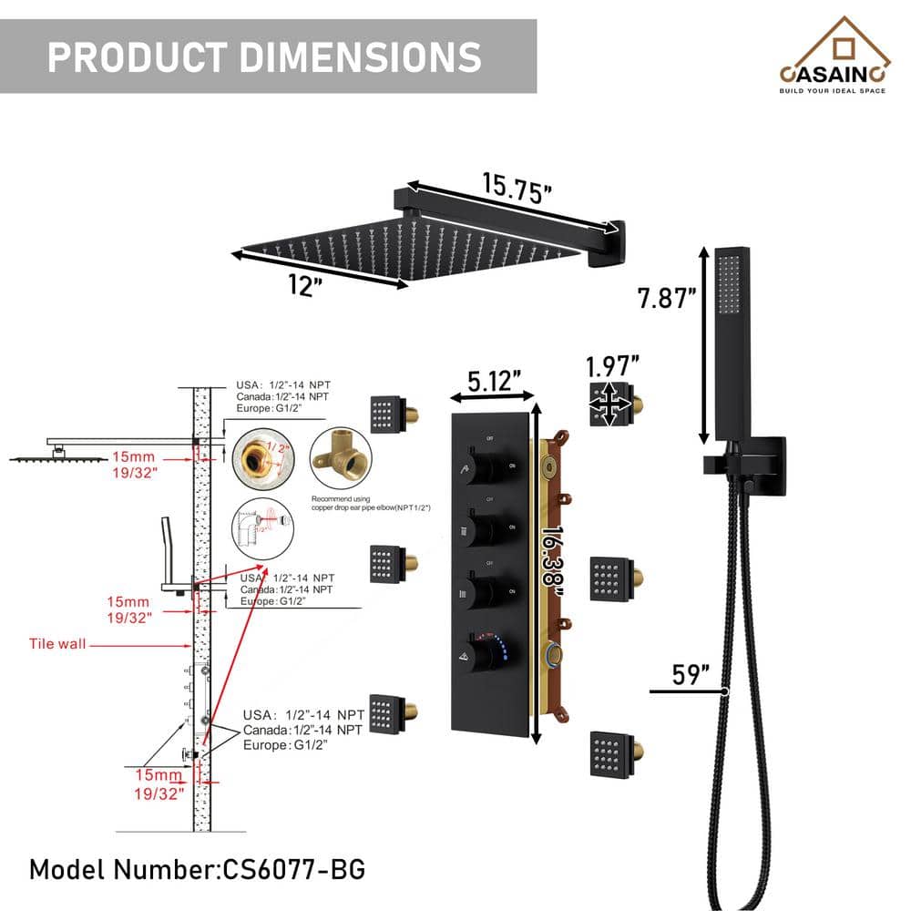 Matte Black Wall Mounted Rainfall Shower System with Solid Brass Handheld