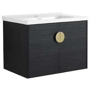 28 in. W x 18 in. D x 20 in. H Single Sink Wall Mounted Bathroom Vanity in Black with White Ceramic Top Soft Close Doors