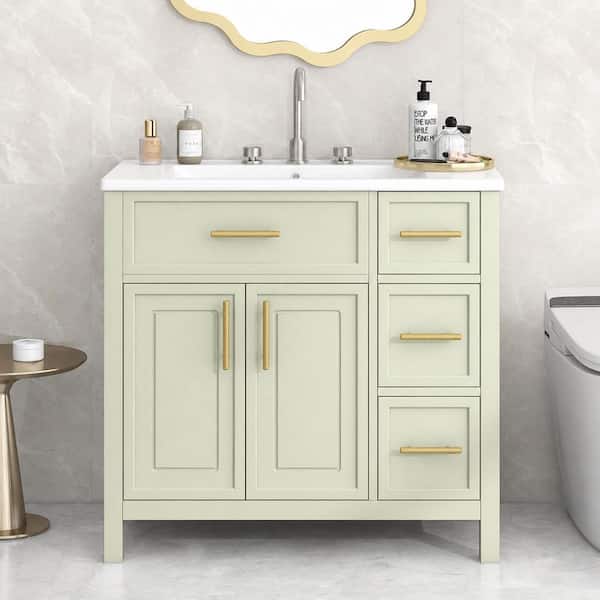 36 in. Single Sink Freestanding Green Bath Vanity with White Ceramic Sink Top, Solid Wood
