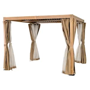 10 ft. x 10 ft. Wood Grain Aluminum Louvered Pergola with Adjustable Roof and Khaki Curtains