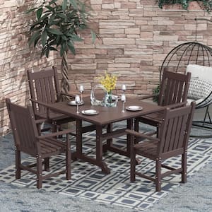 Hayes 5-Piece HDPE Plastic Outdoor Patio Dining Set with Square Table and Arm Chairs in Dark Brown