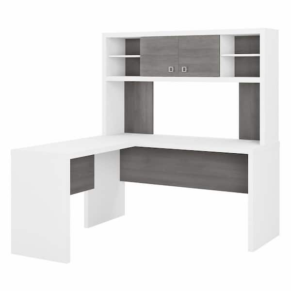 Bush Furniture Echo 60 in. L-Shaped Pure White/Modern Gray Desk with Hutch