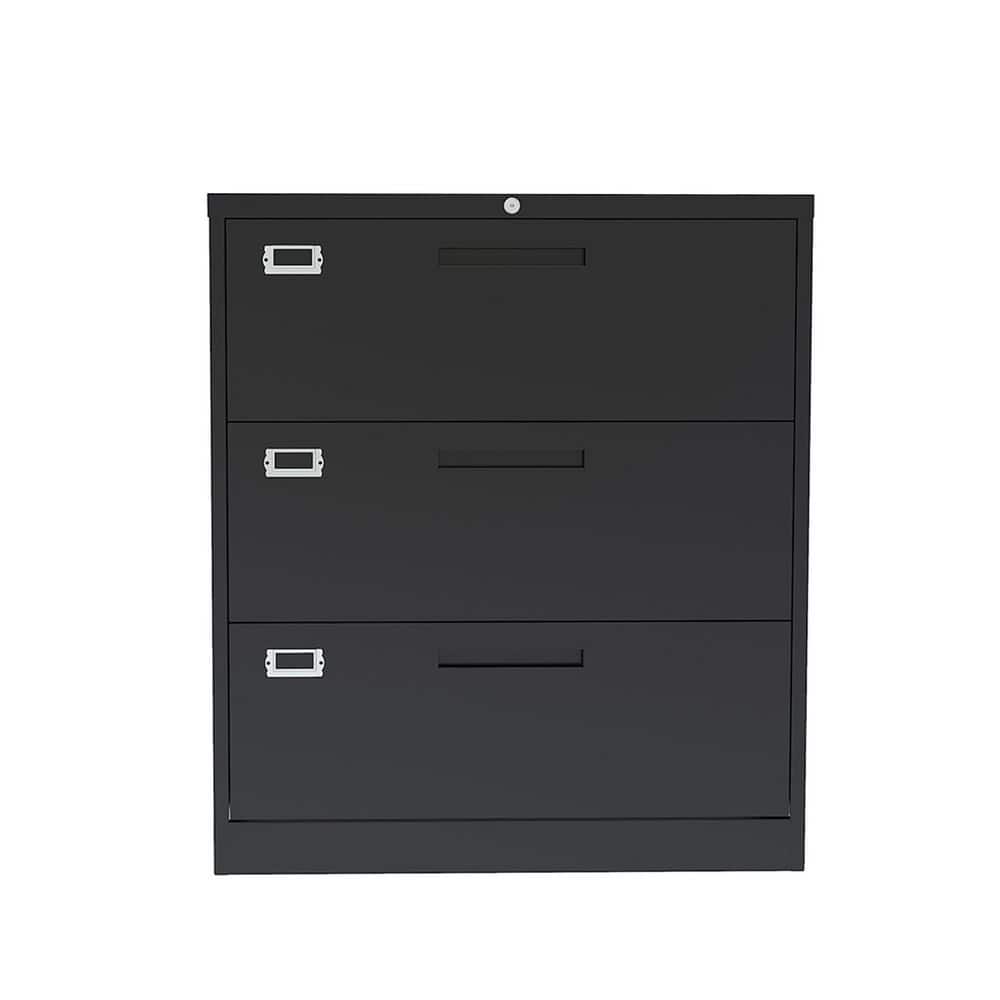 3-Drawer Black Steel Lateral File Cabinet with Lock