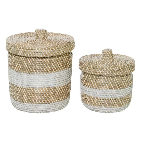 Litton Lane Seagrass Handmade Two Toned Storage Basket with Matching Lids ( Set of 2) 041279 - The Home Depot