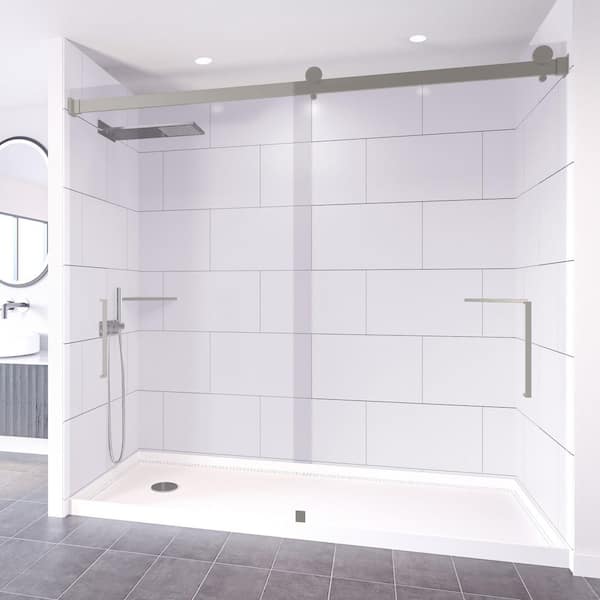 Winter White-Tetherow 60 in. x 32 in. x 99 in. Floor/Ceiling Base/Wall/Door Alcove Shower Stall/Kit Brushed Nickel Left