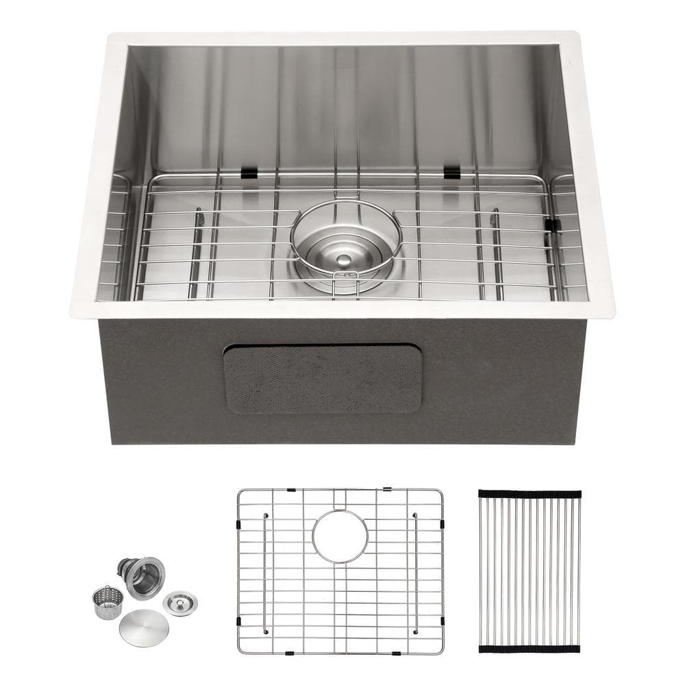 25 in. Undermount Single Bowl 18-Gauge Brushed Nickel Stainless Steel Zero Radius Corner Kitchen Sink with Bottom Grid -  Sarlai, SUSC25A1