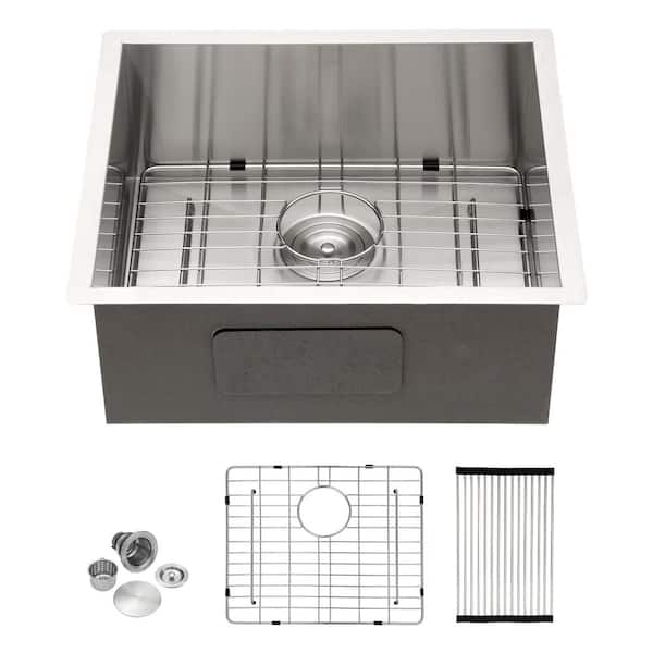 25 in. Undermount Single Bowl 18-Gauge Brushed Nickel Stainless Steel Zero Radius Corner Kitchen Sink with Bottom Grid