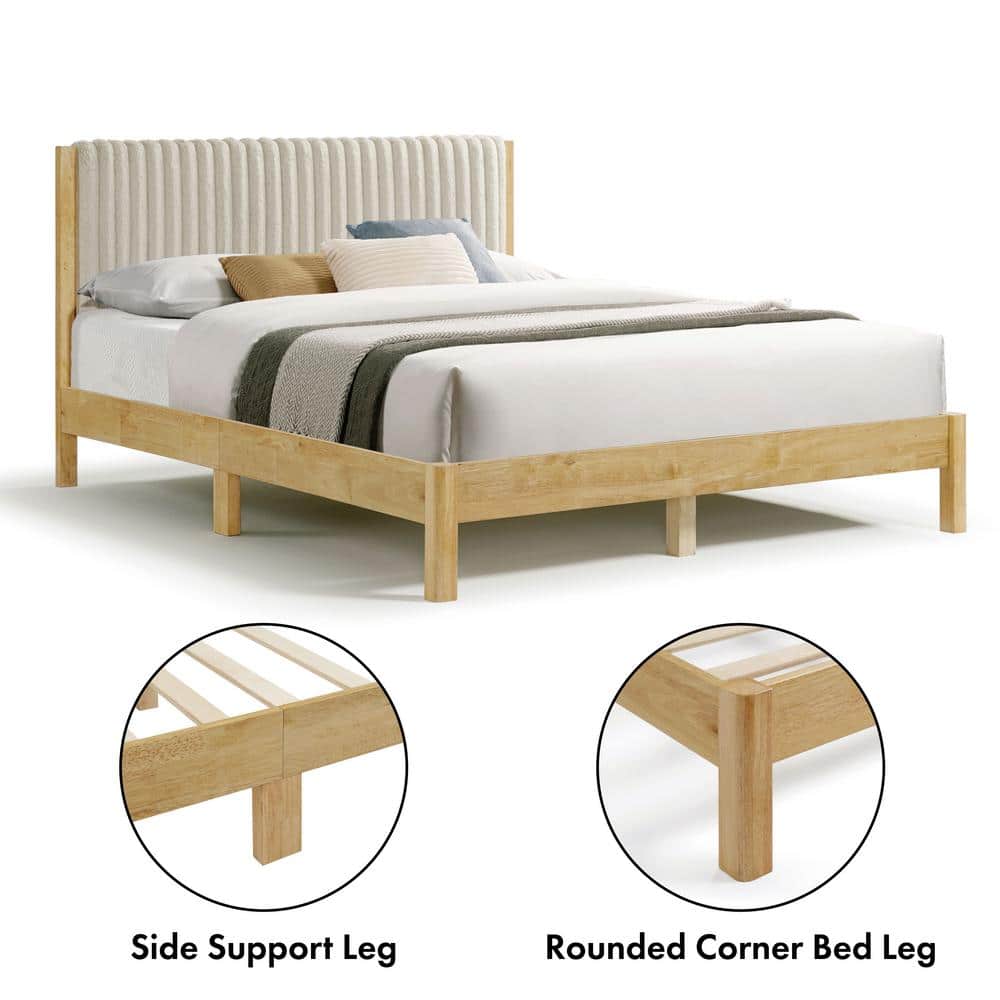 Alder Light Brown Rubberwood Queen Bed with Upholstered Headboard