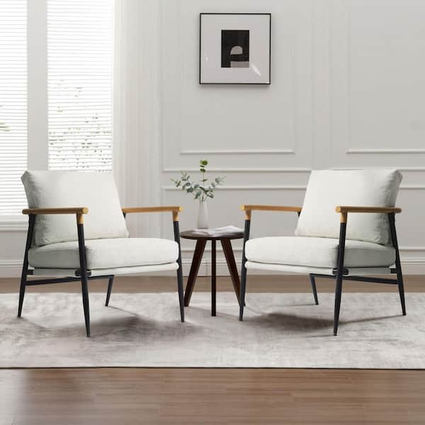 Modern Beige Cotton Fabric Upholstered Arm Chair with Metal Legs(Set of 2)