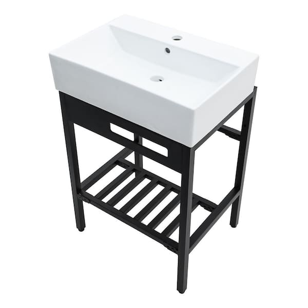 23 in. Ceramic White Single Bowl Console Sink and Stainless Steel Base in Matte Black Combo with Overflow