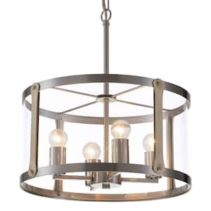 4-Light Brushed Nickel and Waterwash Wood Finish Drum Chandelier with Clear Glass Shade