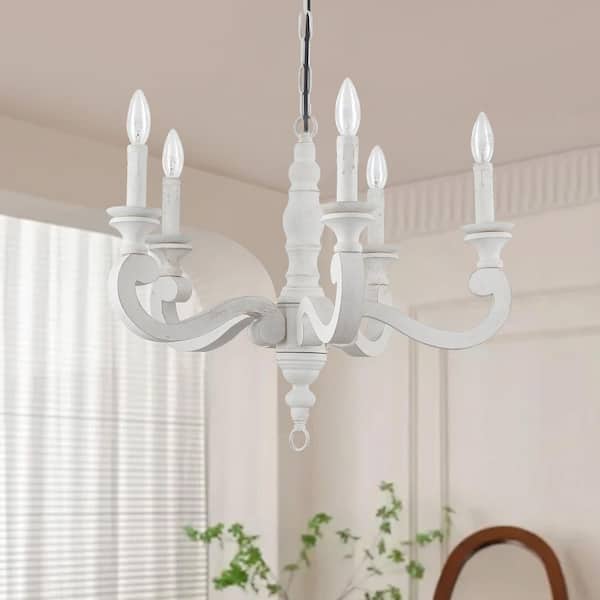Modern Farmhouse 5 - light French Antique Distressed White Empire Candlestick Wood Chandelier