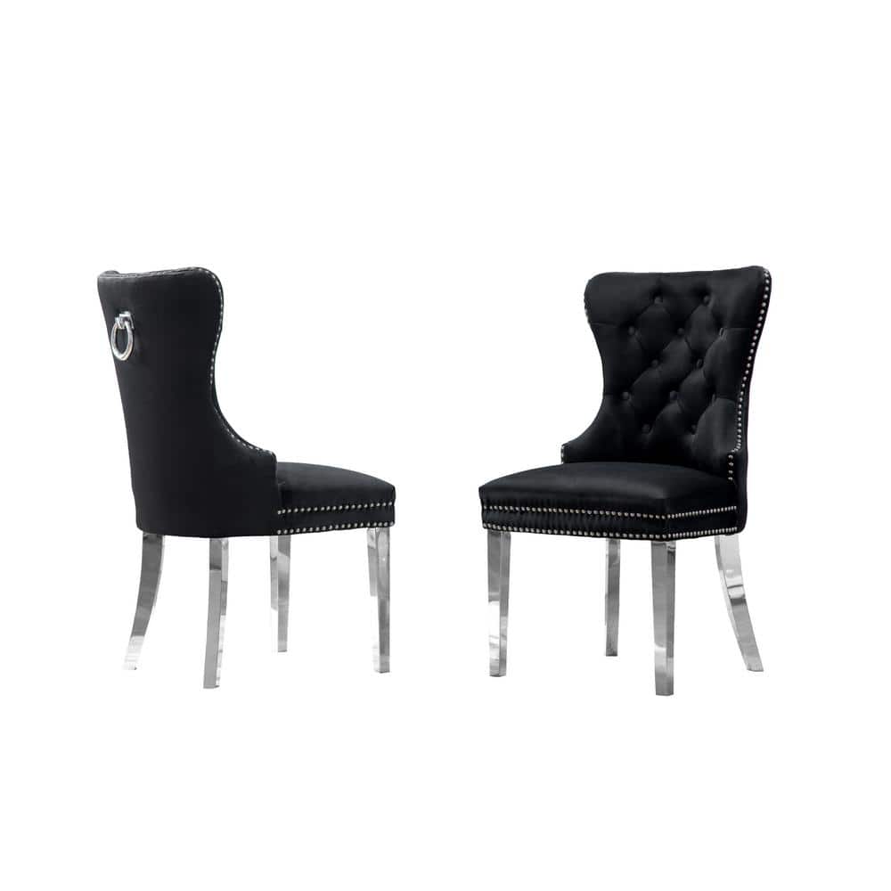 Black Velvet Tufted Parsons Side Chair with Metal Legs, Set of 2