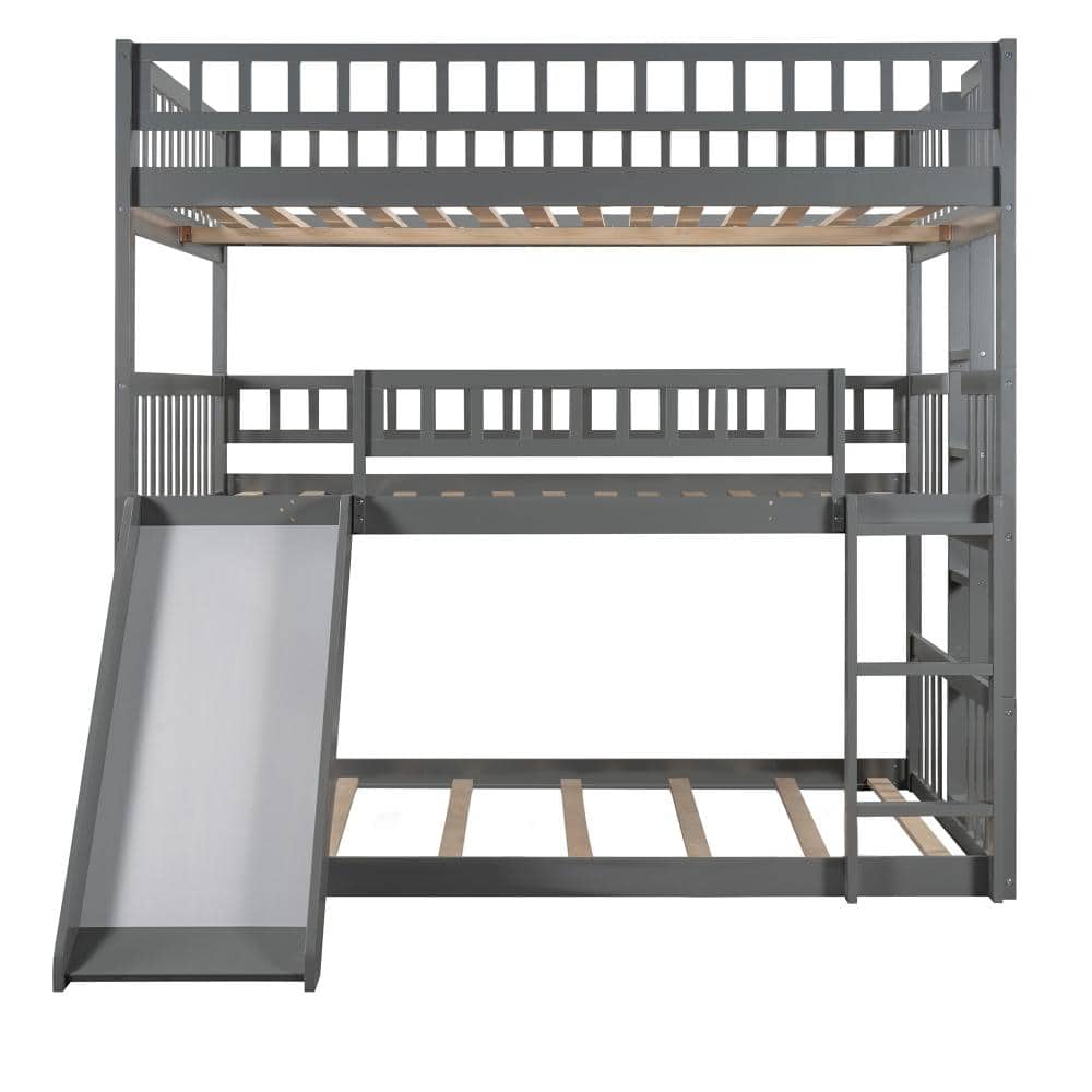 Gray Full Over Full Over Full Triple Bunk Bed with Built-in Ladder and Slide, Solid Pine Wood with Guardrails price history on PriceWatchPro