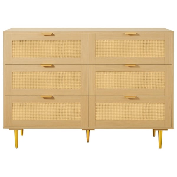 6-Drawer Rattan Dresser, Metal Handles & Legs, Modern Wood Clothing Storage Chest for Bedroom Living Room Hallway