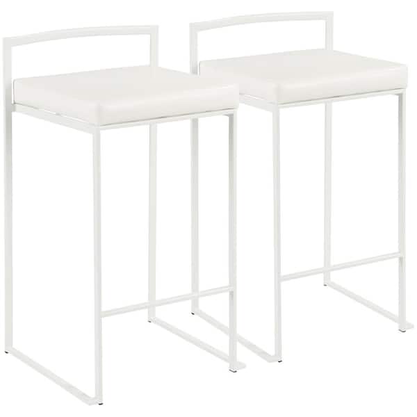 Lumisource Fuji 26 in. White Stackable Counter Stool with White Faux Leather Cushion (Set of 2)