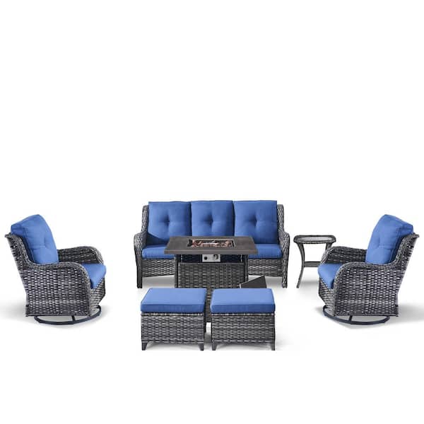 Gymojoy Carolina Gray 7-Piece Wicker Patio Fire Pit Seating Set with Blue Cushion