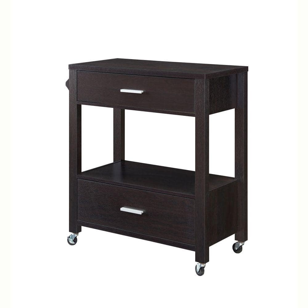 Benjara Dark Brown 2 Drawer Wooden Kitchen Cart with Casters and 1 Open