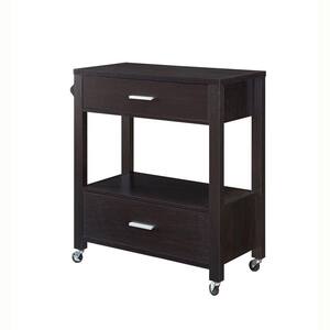 Dark Brown 2 Drawer Wooden Kitchen Cart with Casters and 1 Open Shelf
