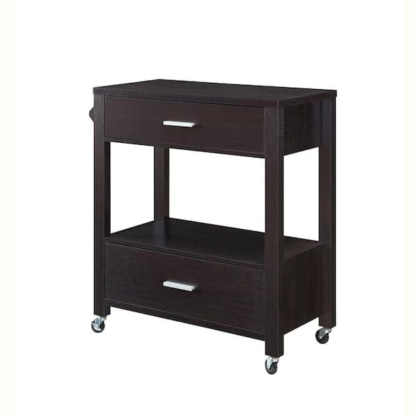 Benjara Dark Brown 2 Drawer Wooden Kitchen Cart With Casters And 1 Open ...