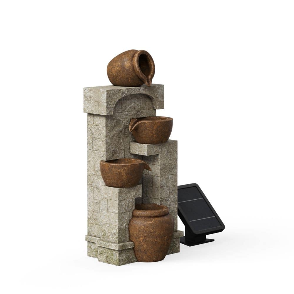 28.5" Brown Stone-Look Solar Powered 4-Tier Water Fountain