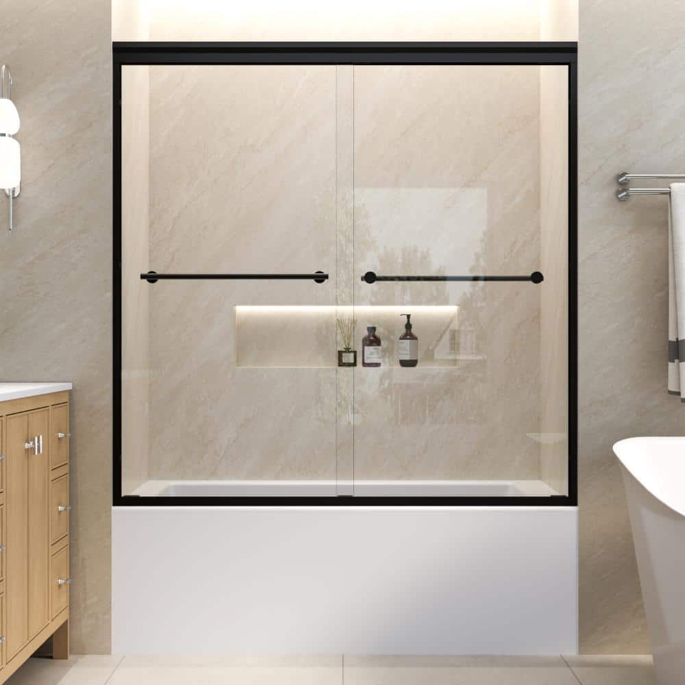 "56-60 in. W x 60 in. H Double Sliding Framed Shower Door in Matte Black with 1/4""(6 mm) Clear Tempered Glass, Towel Bar" price history on PriceWatchPro