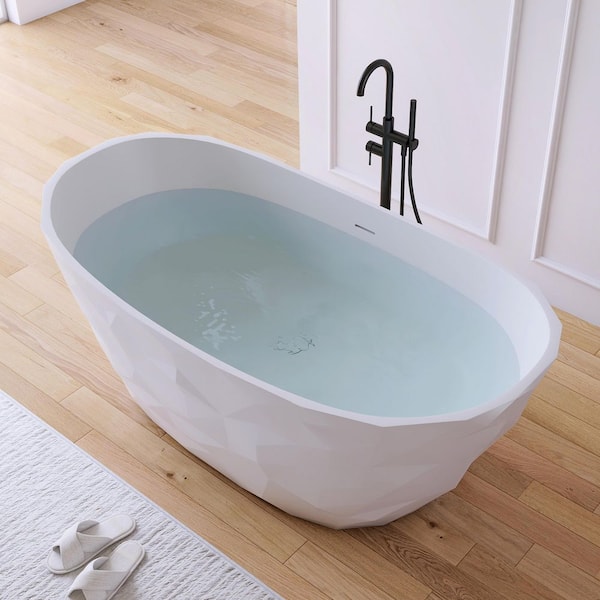 64 in. x 33 in. Stone Resin Solid Surface Flatbottom Freestanding Soaking Bathtub in White