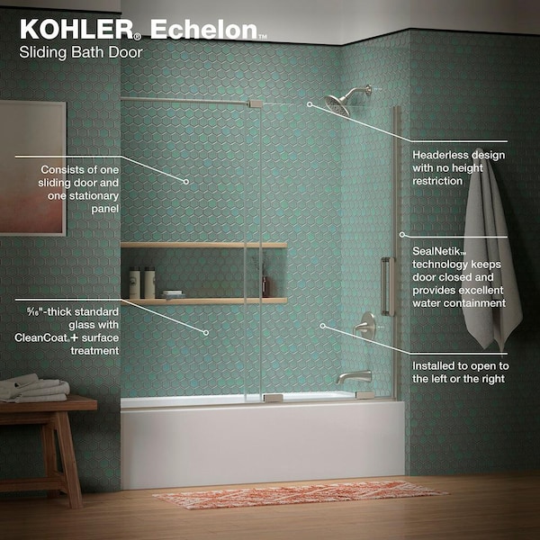 KOHLER Echelon 56-60 in. W x 58 in. H Sliding Frameless Bath Tub Door in Anodized Brushed Nickel