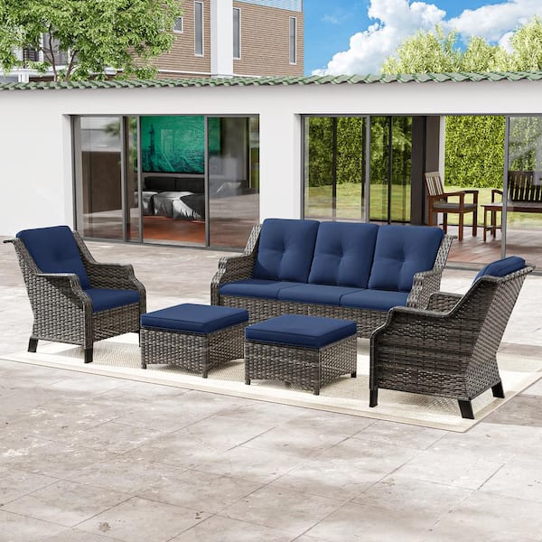 5-Piece Wicker Outdoor Patio Conversation Set Sectional Couch and Ottomans with Blue Cushions