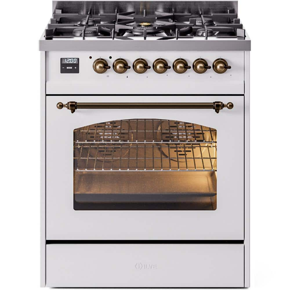 Nostalgie II 30 in. 5 Burner Freestanding Dual Fuel Range in White with Bronze Trim -  ILVE, UP30NMPWHB