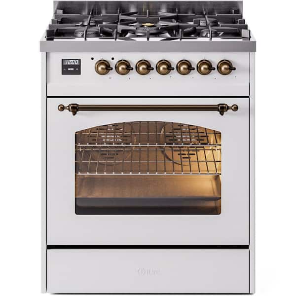 ILVE Nostalgie II 30 in. 5 Burner Freestanding Dual Fuel Range in White with Bronze Trim