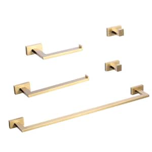 5-Piece Bath Hardware Set with Toilet Paper Holder, Hooks, Towel Bar in Gold