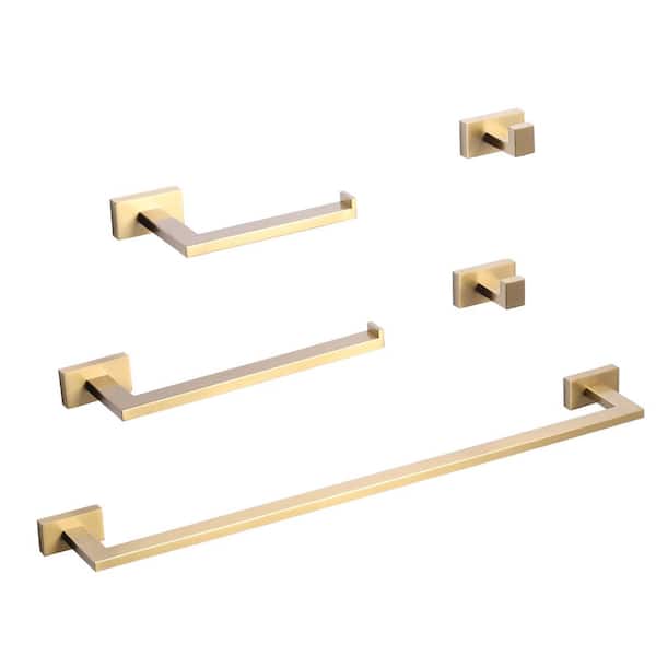 ARCORA 5-Piece Bath Hardware Set with Toilet Paper Holder, Hooks, Towel Bar in Gold