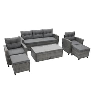 6-Piece Wicker PE Rattan Patio Conversation Sectional Set Garden Seating Furniture, Light Gray Cushions