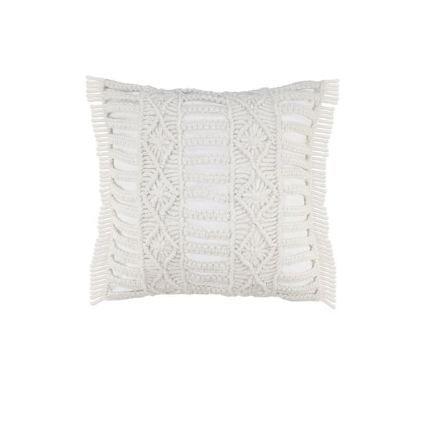 LR Home Macrame 24 in. x 24 in. Ivory Hand Made Indoor Outdoor Throw Pillow