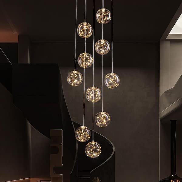 10-Light Chrome Modern LED Strip Chandelier with Clear Glass Shade for Foyer Entryway Lighting